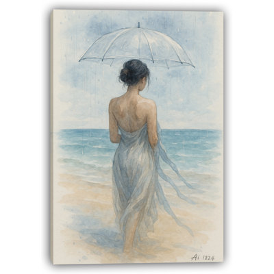 Rainy Beach Walk - Wrapped Canvas Print