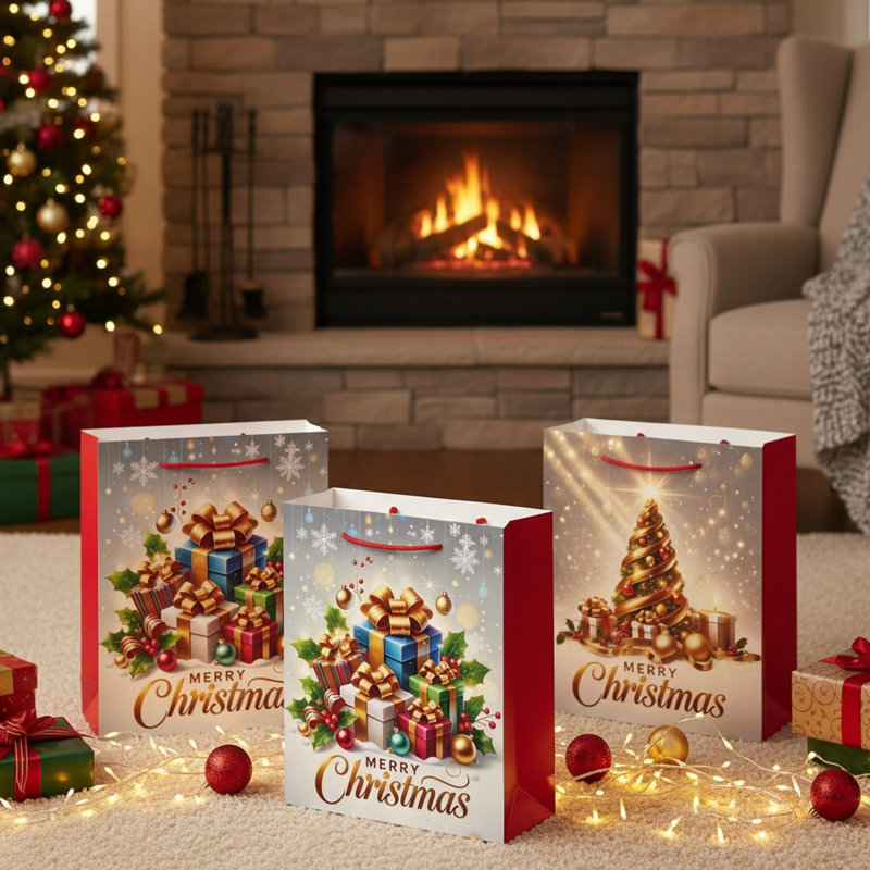 Sacs cadeaux de Noël « Joyeux Noël » assortis, très grands - Lot de 12, 16.5" H x 4.75" W x 12" D