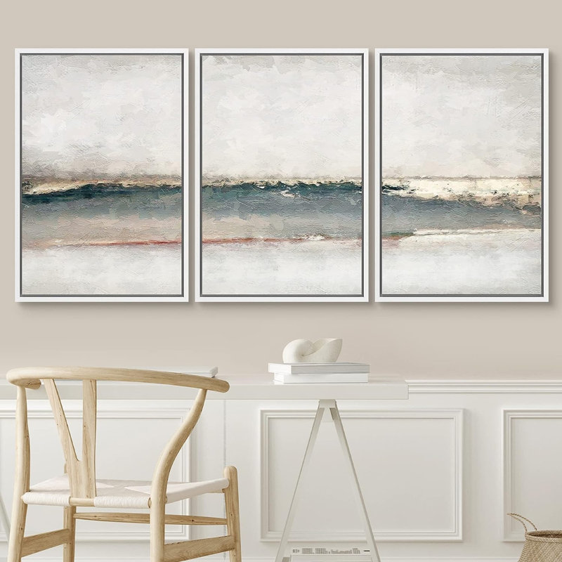 «Grunge Gold Pastel Landscape», reproduction de tableau sur toile 3 pièces, H 36 po x l 24 po x P 1,5 po, Cadre blanc