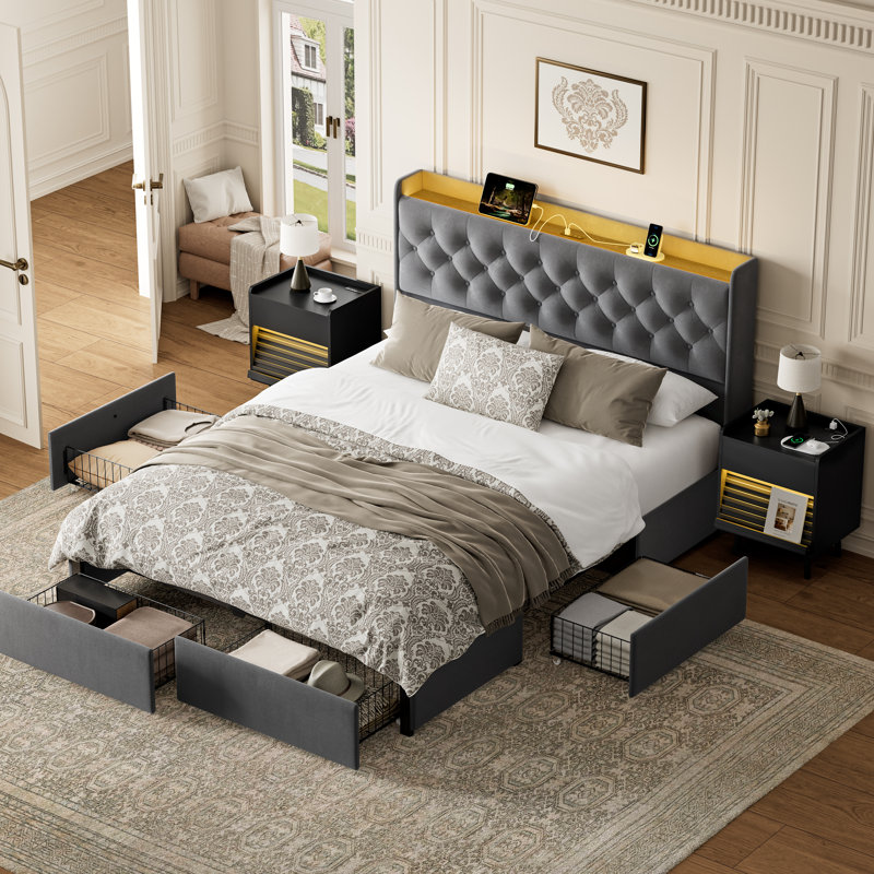 Ensemble de chambre à coucher 3 pièces, lit rembourré avec 4 tiroirs et 2 tables de chevet inclinées, Lit double, Gris/noir