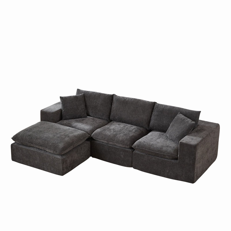 Soneson 4-Piece U-Shaped Chenille Sectional Modular With Two Ottoman, Gray Chenille