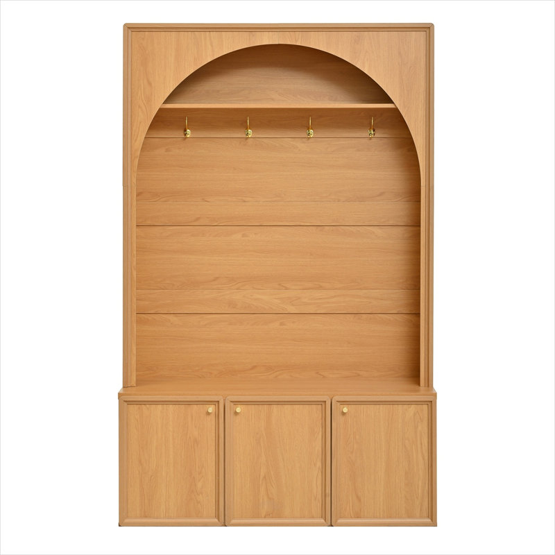 Natural-toned MDF Hall Tree with Arched Silhouette, 3 Cabinets, and 4 Golden Hooks – Mudroom Storage Bench for Entryway