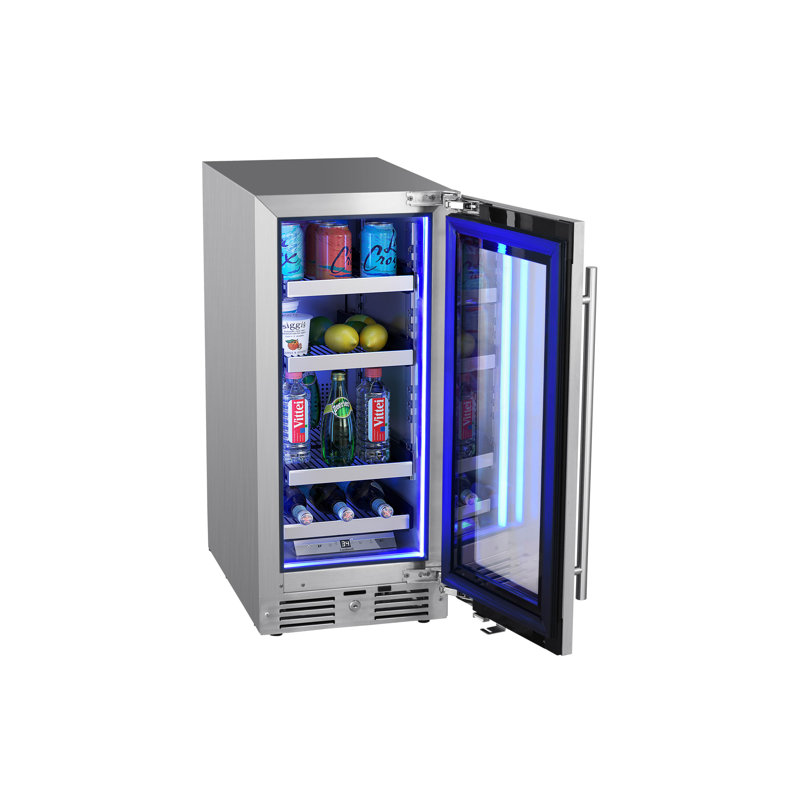 15 Inch Wide 63 Can Capacity Beverage Cooler with alternating (Blue, White, Amber) LED lighting, Door Alarm, Touch Control Panel and Lockable Right Hinged Door