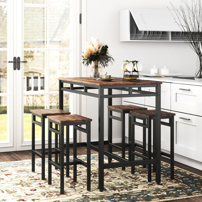Table de bar rustique brun 5 pièces - Panneau de particules et métal, conception structurelle solide, idéale pour les petits espaces, capacité de charge de 350 lb avec tabourets hauts, fabrication industrielle, zones d'assemblage facile