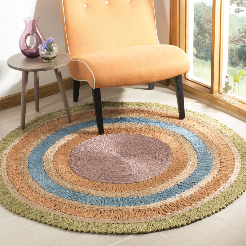 Tapis géométrique en jute tissé à la main en fibres naturelles, Rond 3 pi