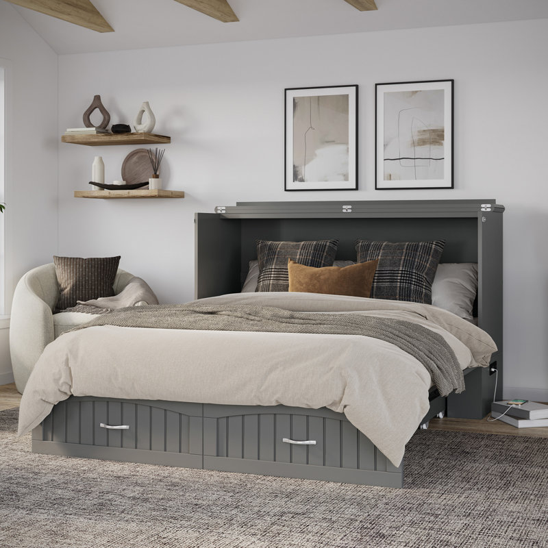 Arletha Murphy Bed Chest with 6" Mattress, Storage & Built-in Charger, Gray
