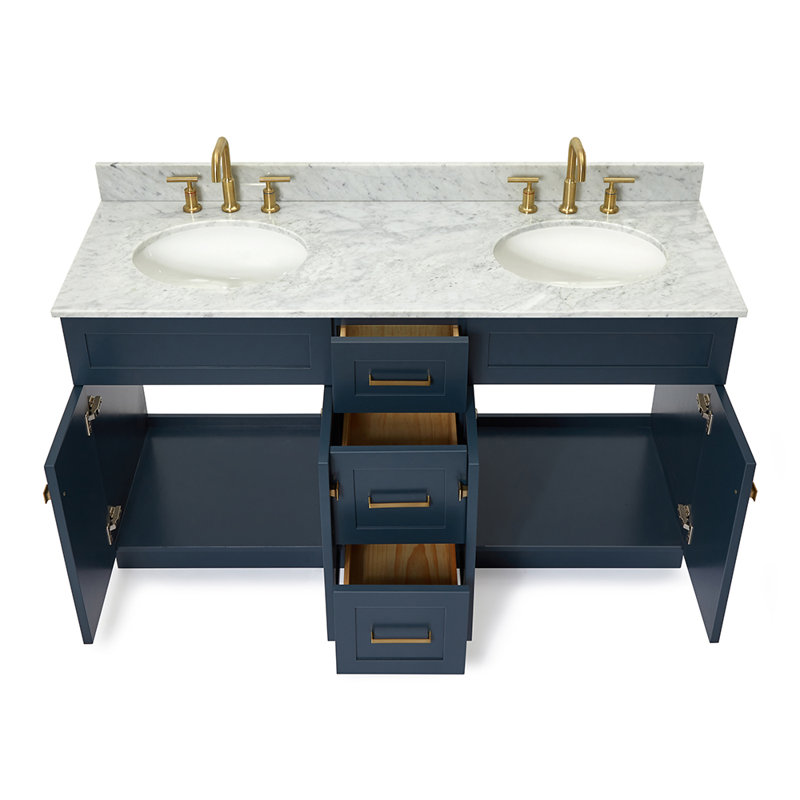Partham 61'' Double Bathroom Vanity with Carrara Marble Top, Midnight Blue