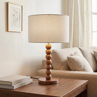 Lampe de table moderne en bois massif de 17,5 po au fini noyer avec abat-jour en lin certifié cULus pour les tables de chevet de chambre à coucher, les tables d'appoint de salon, les bureaux à domicile ou les décors contemporains