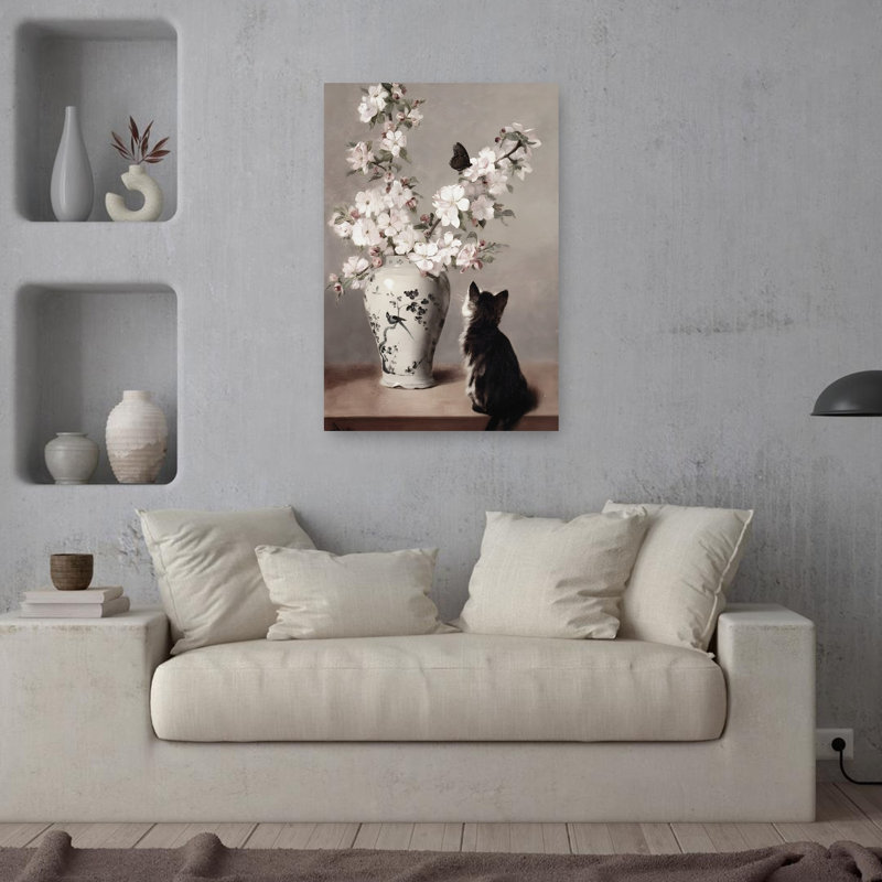 Curious Kitten And Blossoms Peaceful Contemporary Butterfly Cat Cherry Flower Spring Wall Art Print by Mathieu - Wrapped Canvas Print