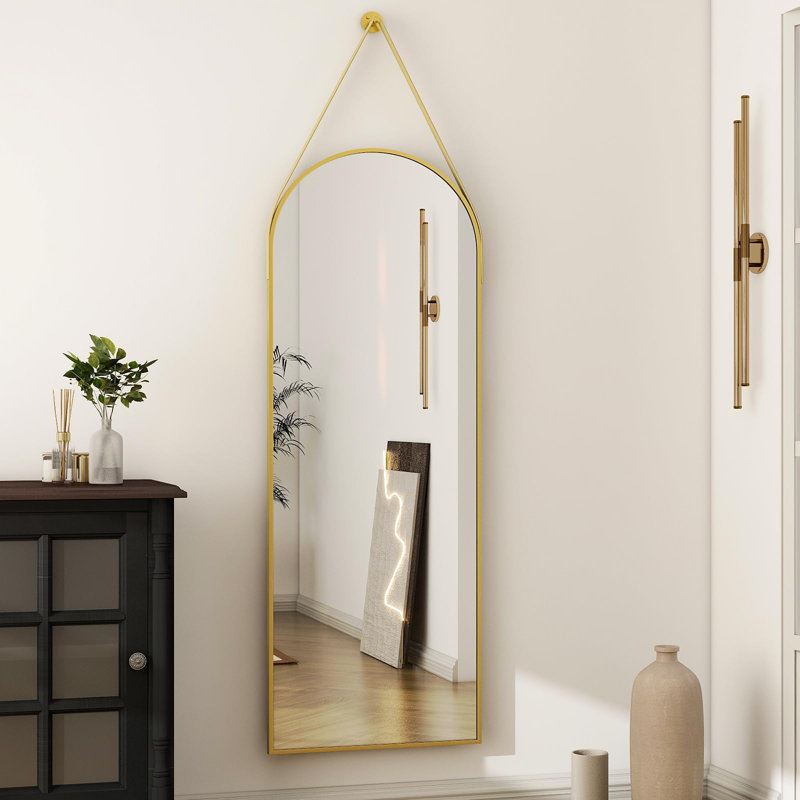Arched Mirror With Hanging Leather Strap Full Length Mirror Aluminum Frame Wall-Mounted Arch Mirror Hanging Mirrors, Gold