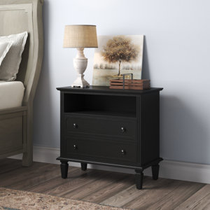 Amberlyn 2-Drawer Nightstand with Built-In Outlets and Solid Wood Legs Black 