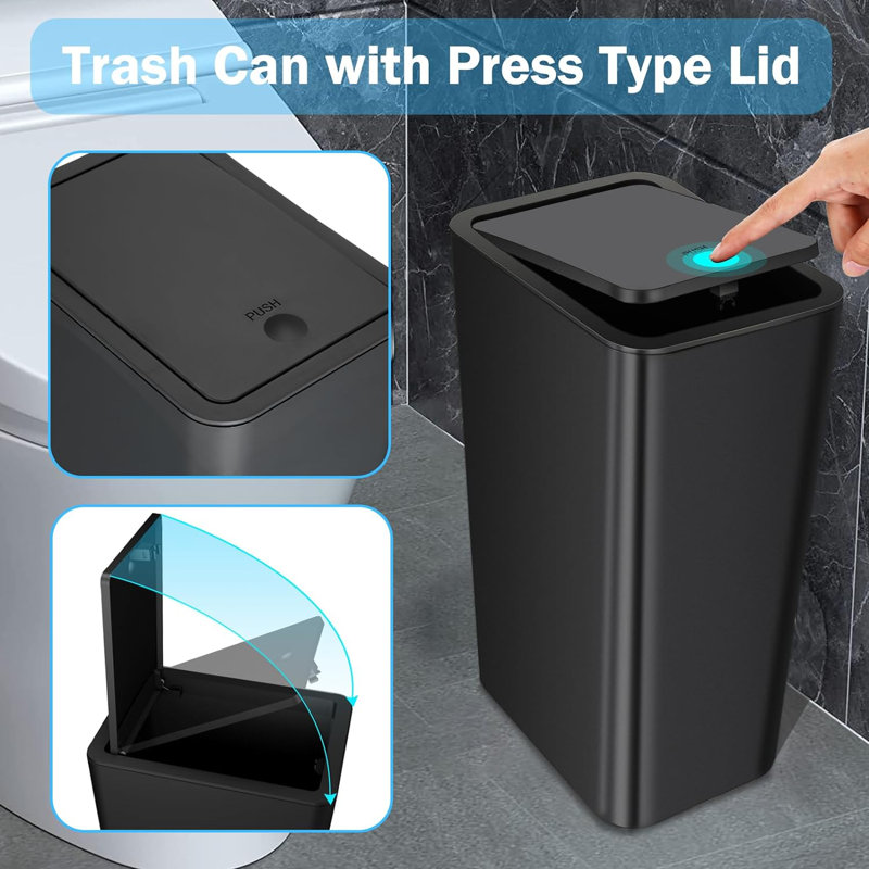 Black Stainless Steel Slim Trash Can with Pop-Up Lid, 10L/2.6 Gallon