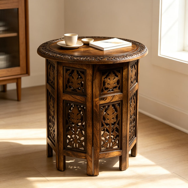 Table d'appoint pliante sculptée à la main en bois massif, table d'appoint ronde pour petits espaces, table de chevet de salon d'entrée de ferme, assemblage facile sans outils, finition brun antique