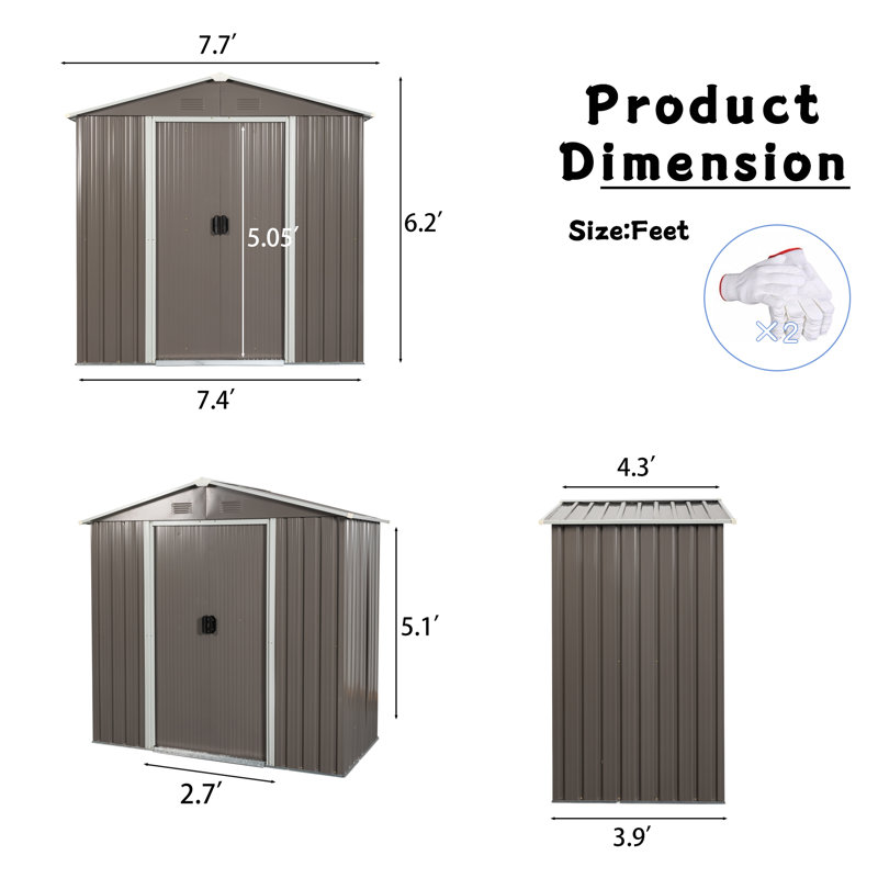 8ft x 4ft Gray Metal Outdoor Storage Shed with Vents