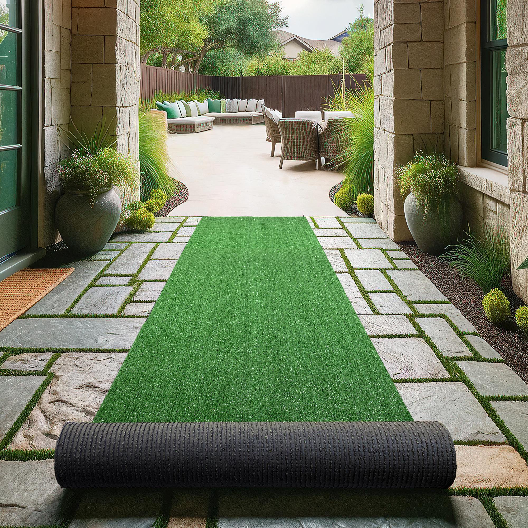 Ottomanson Grass Waterproof Indoor/Outdoor Artificial Grass Turf Rugs