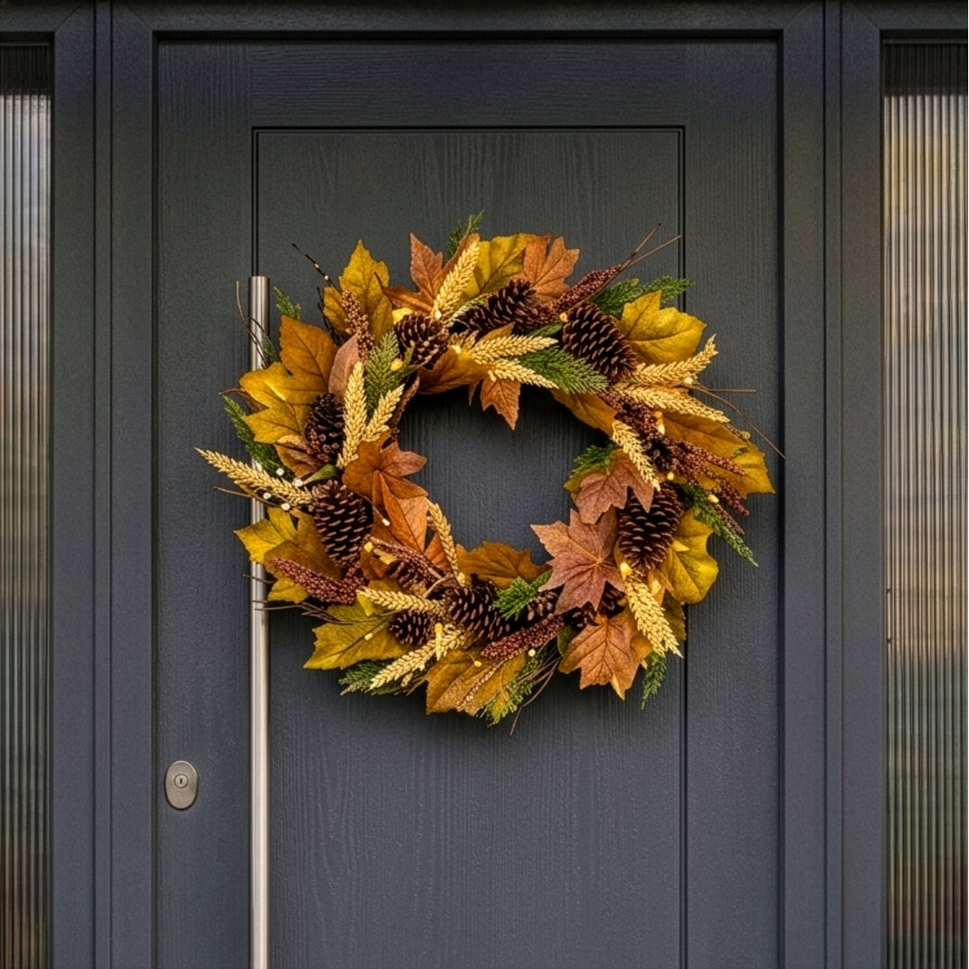 RUSTIC WOODLAND - 26" Autumn Wreath with 75 Warm White LED Microbulbs