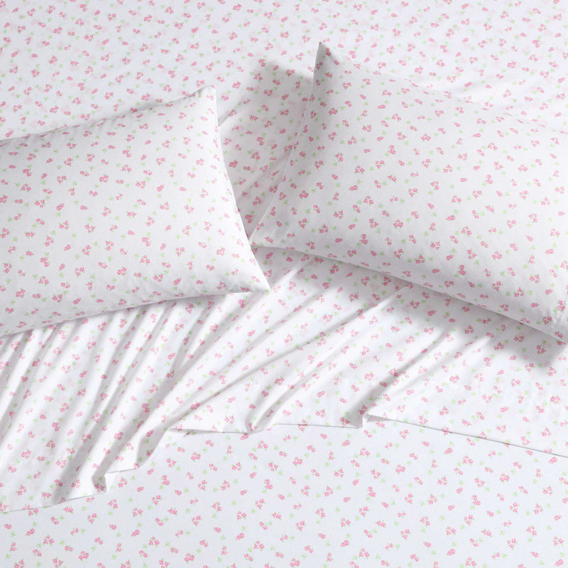 Laura Ashley Kids Cozy Printed Sheet Sets, Full Sheet Set with 2 Pillowcases, Busy Bee Pink