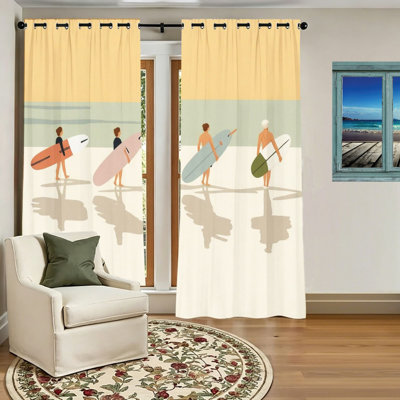 2 pièces rideaux occultants à imprimé de scène de surf de plage, rideaux de fenêtre de planches de bord de mer artistiques, panneaux décoratifs à isolation thermique pour le décor de la chambre à coucher
