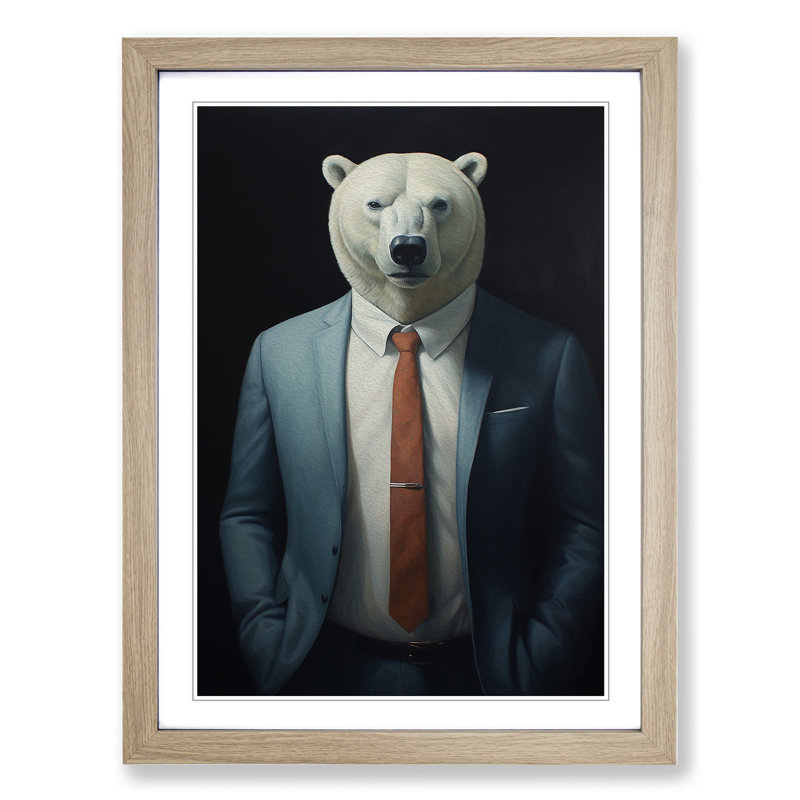 Polar Bear In A Suit Painting - Single Picture Frame Print on Wood, 64cm H x 46cm W x 2cm D, Oak Framed