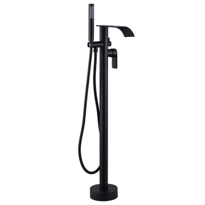 2-Handle Matte Black Freestanding Tub Faucet with Handshower and Waterfall Spout