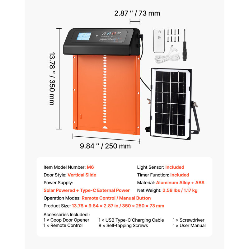 Porte de poulailler automatique, porte de poulet à énergie solaire et à piles avec écran LCD, télécommande, capteur de lumière et minuterie, sécurité anti-pincement, ouvre-porte en aluminium Chick Run, orange