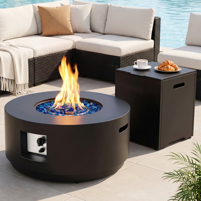 Table de foyer d'extérieur au propane 30 po pour l'extérieur avec table de réservoir | Table de feu d'extérieur 50 000 BTU avec couvercle de réservoir, couvercle en métal, pierres de lave, couverture, table ronde, pierres de lave, couvercles de pluie, couvercle en acier
