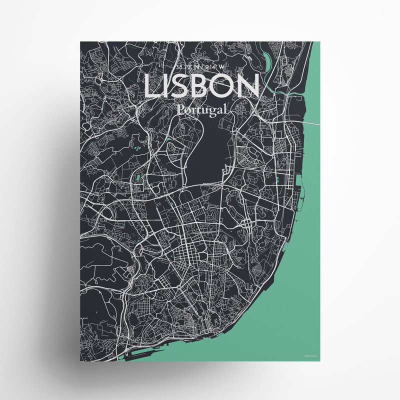 Carte de la ville de Lisbonne au Portugal - ensemble d'imprimés non encadrés, H 24 po x l 18 po, Vert / gris