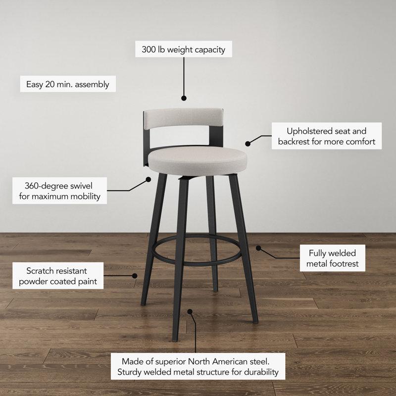 Tabouret de bar et de comptoir pivotant rembourré Corda, Noir, noir, noir, noir, Grège