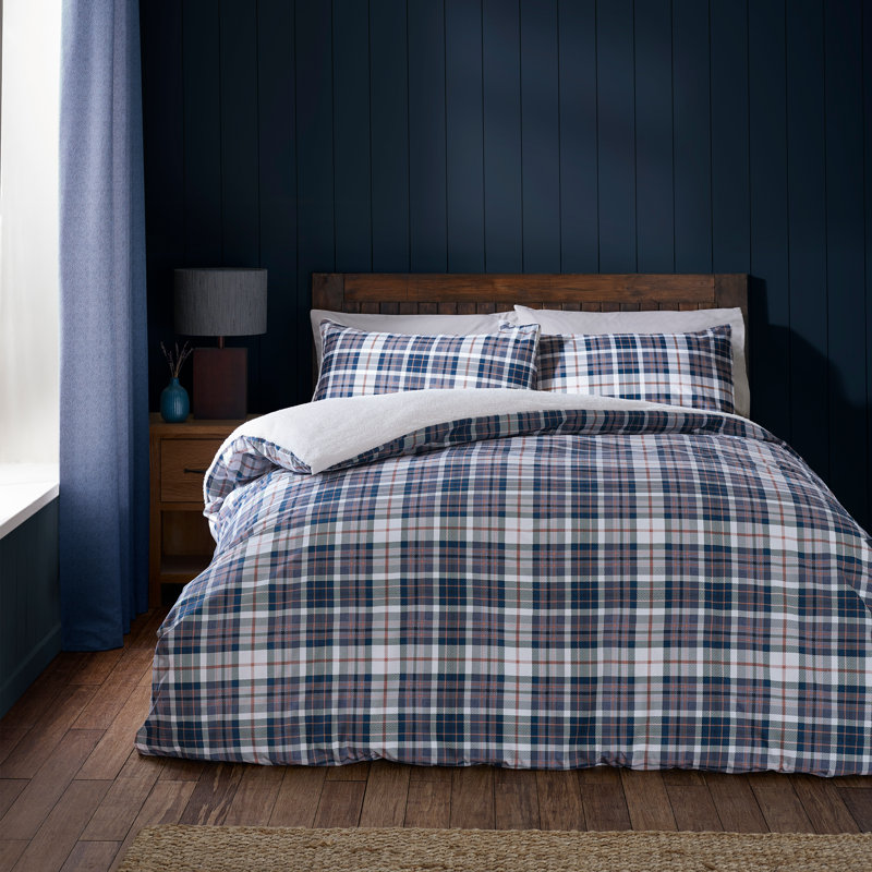 Cosy Sherpa Check Duvet Cover Set, Navy Blue, King Duvet Cover Set + 2 Standard Pillowcases