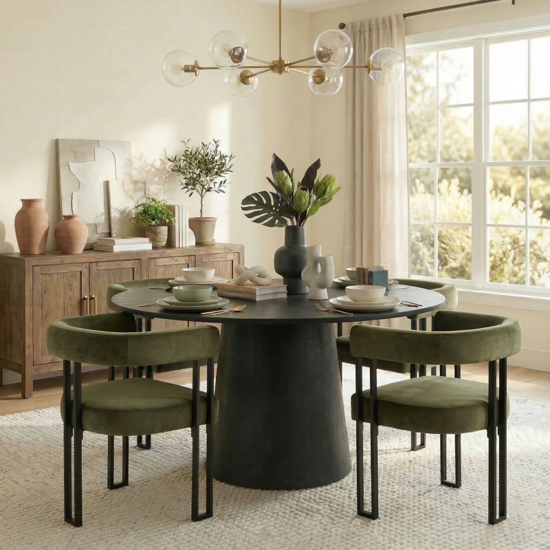 Carlen 4 - Person Dining Table Sets With 52'' Round Table & 4 Upholstered Velvet Chairs, Green