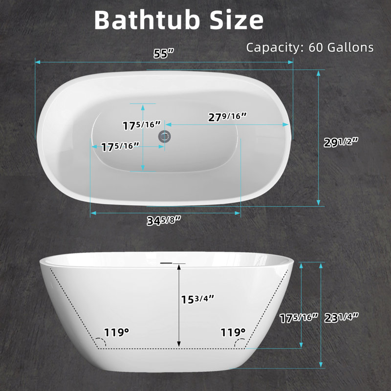 55" Freestanding Soaking Acrylic Bathtub, Glossy White
