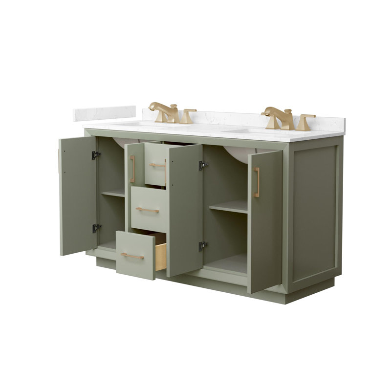 Strada Freestanding Double Bathroom Vanity with Cultured Marble Top, Green, Brushed Nickel, 60" W