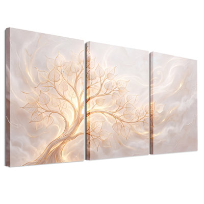 Arbre doré lumineux sur fond crème tourbillonnant - Ensemble de 3 toiles murales
