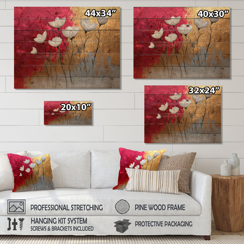 Fleurs roses et dorées, forme pure de marbre II - Art mural en bois de coquelicot - sur bois de pin naturel
