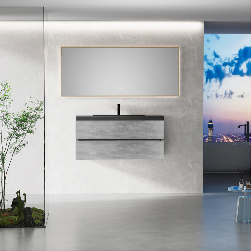 Meuble-lavabo flottant 48 po avec lavabo, meuble de rangement mural avec lavabo à quartz noir et tiroirs à fermeture en douceur entièrement assemblés, gris ciment série EDI