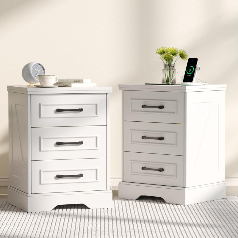Farmhouse 3-Drawer Nightstand With Charging Station And Bar Handles, Set of 2, White