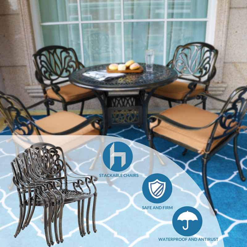 4 - Person Patio Dining Set with Round Table , Cushions Included, Khaki
