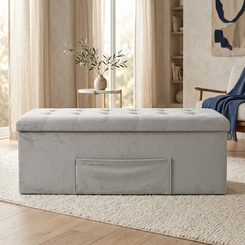 Banc de rangement pliable capitonné avec poche Winningham, Gris clair