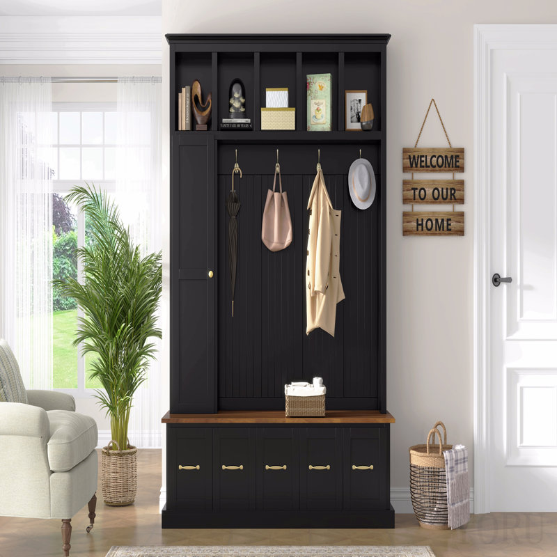 Arbre d'entrée avec porte-manteaux, banc à chaussures et armoire de rangement, Noir antique
