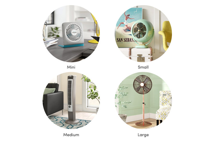 collage of fan sizes: mini/handheld, small, medium, and large standing