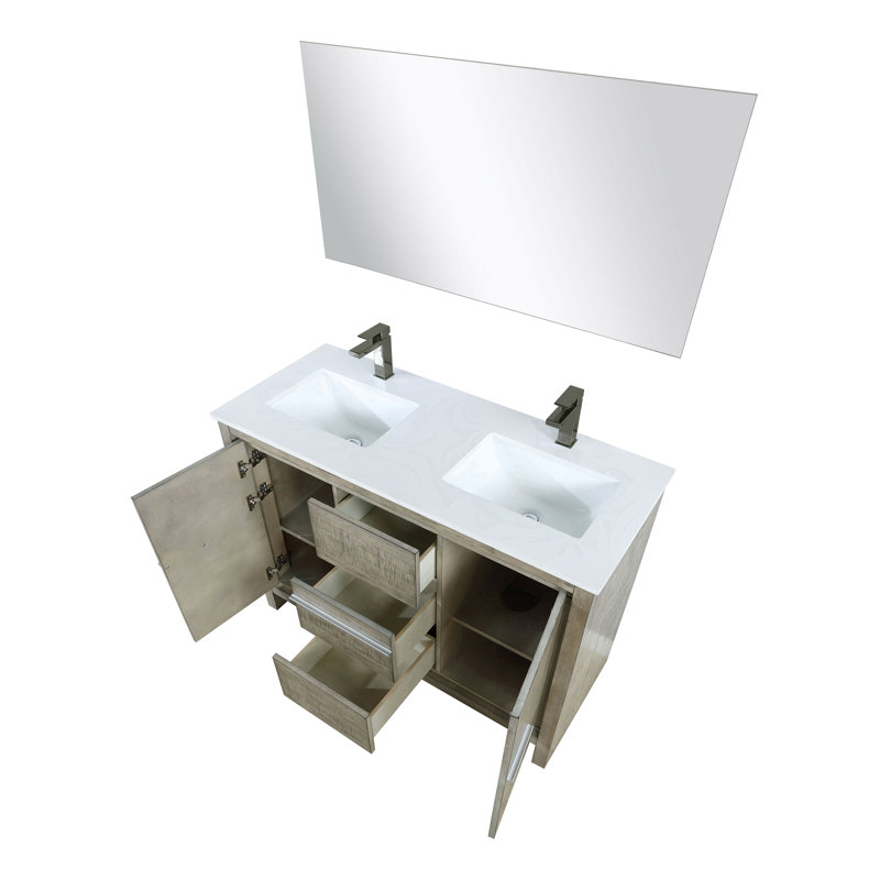 Ensemble de meuble-lavabo double avec robinet l 48 po x P 20 po Lafarre, Acacia rustique, Marbre de culture blanc