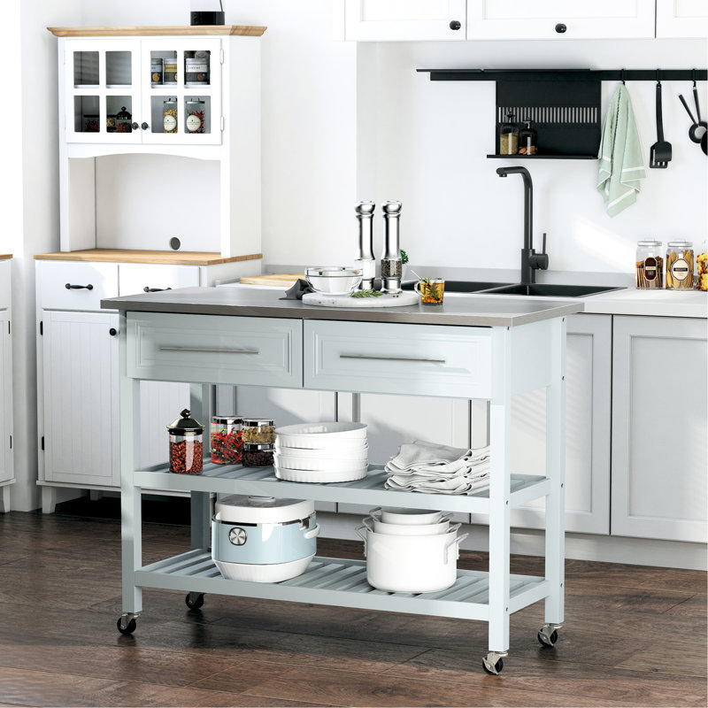 Kitchen Cart With Top, 2 Open Shelves, Drawers, Gray, Rustic Style For Home Island, Inspired Decor