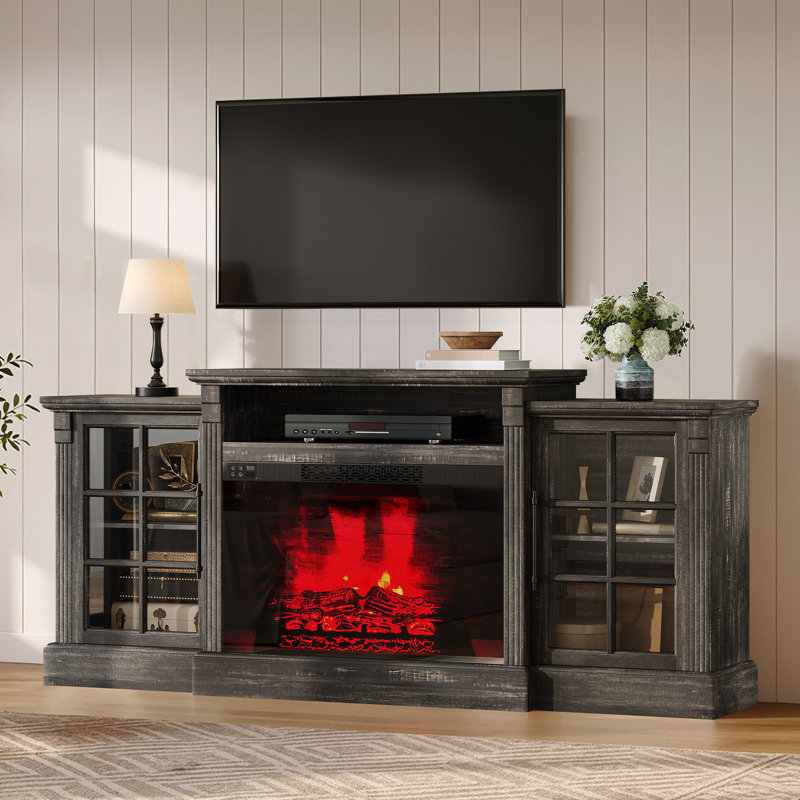 Meuble télé Chiara de style ferme avec foyer, 178 cm de large, pour téléviseurs jusqu'à 190 cm, avec grand espace de rangement et étagères réglables, noir.