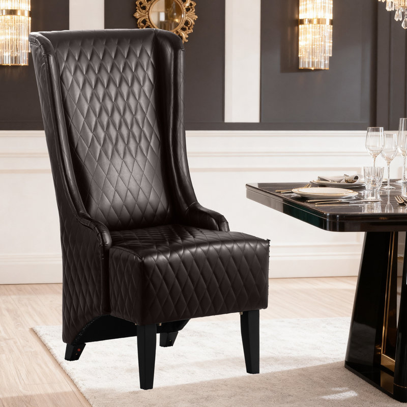 Chaise de salle à manger à dossier haut en similicuir 23 po avec oreilles et pieds en bois, Marron foncé