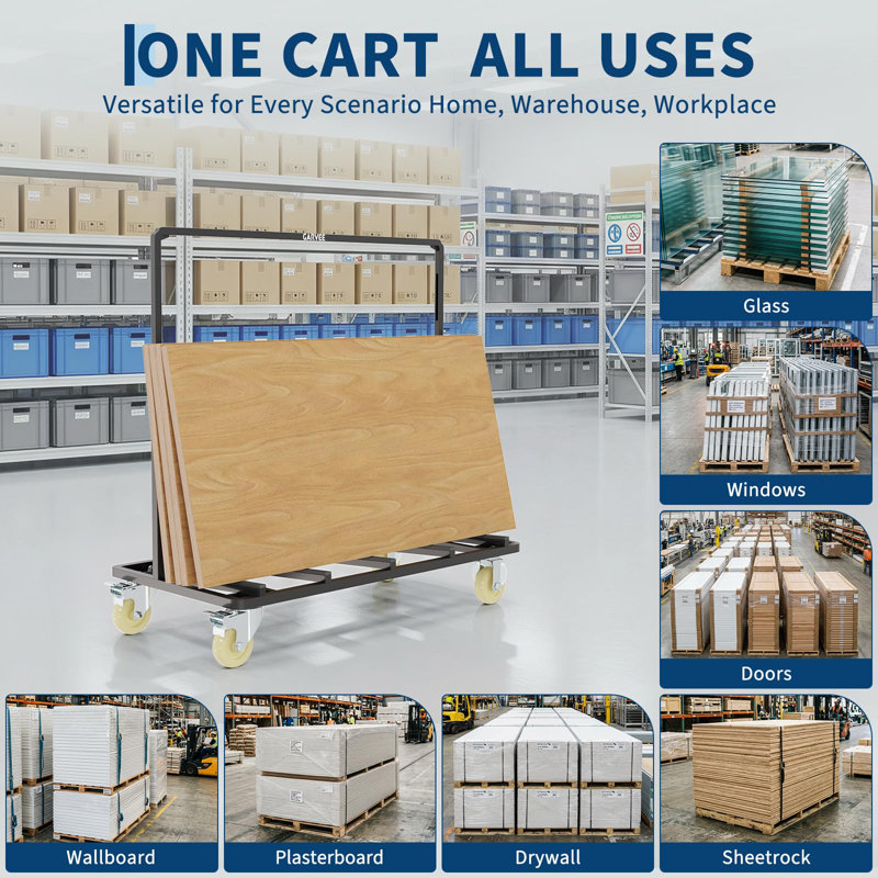 Chariot robuste pour chariot de cloison sèche, chariot à panneaux d'une capacité de 1 800 lb avec plateforme de 43 po x 22 po et sangles, chariot de manutention pour cloison sèche, contreplaqué, verre et portes