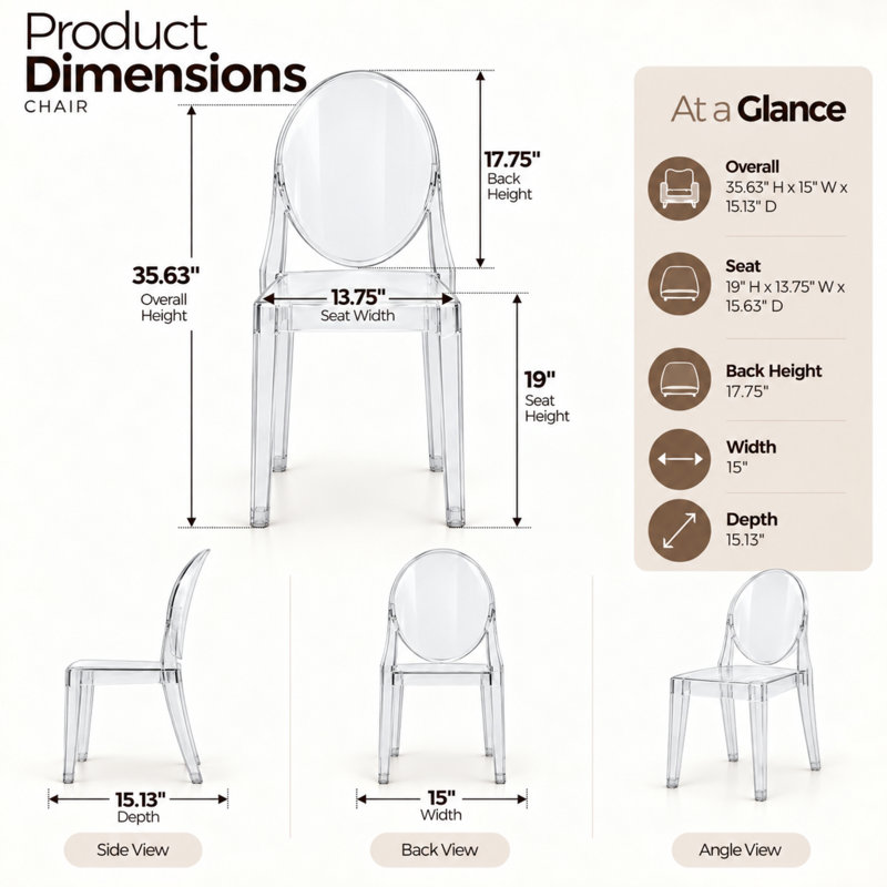 Chaise fantôme en acrylique transparent Brayan - Chaise de salle à manger à dossier rond moderne et siège d'appoint - Chaise d'appoint en Lucite résistante aux égratignures, ensemble de 2 et de 4