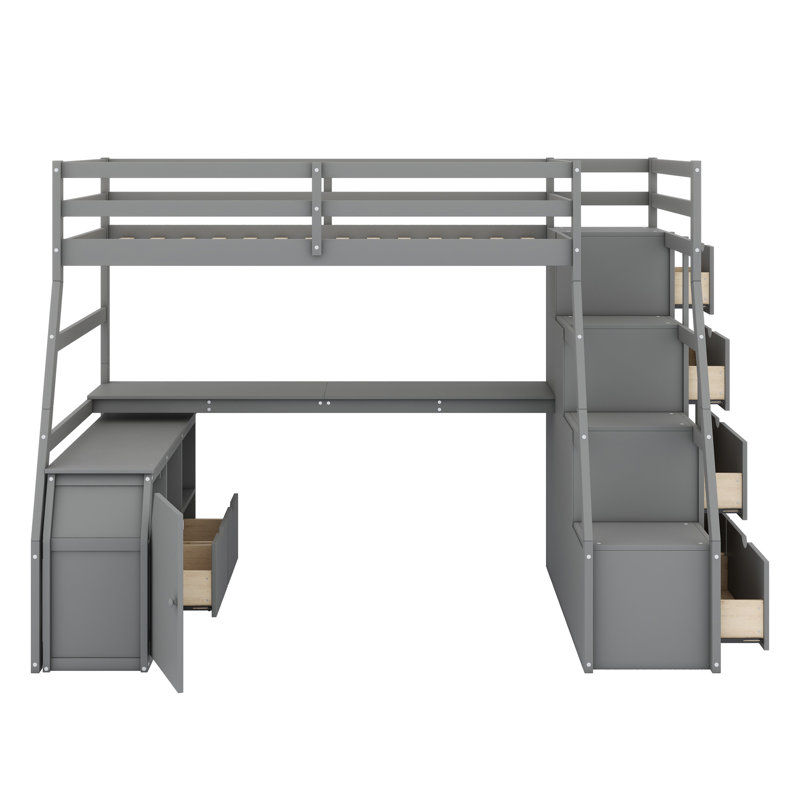 Lit mezzanine avec tiroirs, tablettes et bureau, Gris