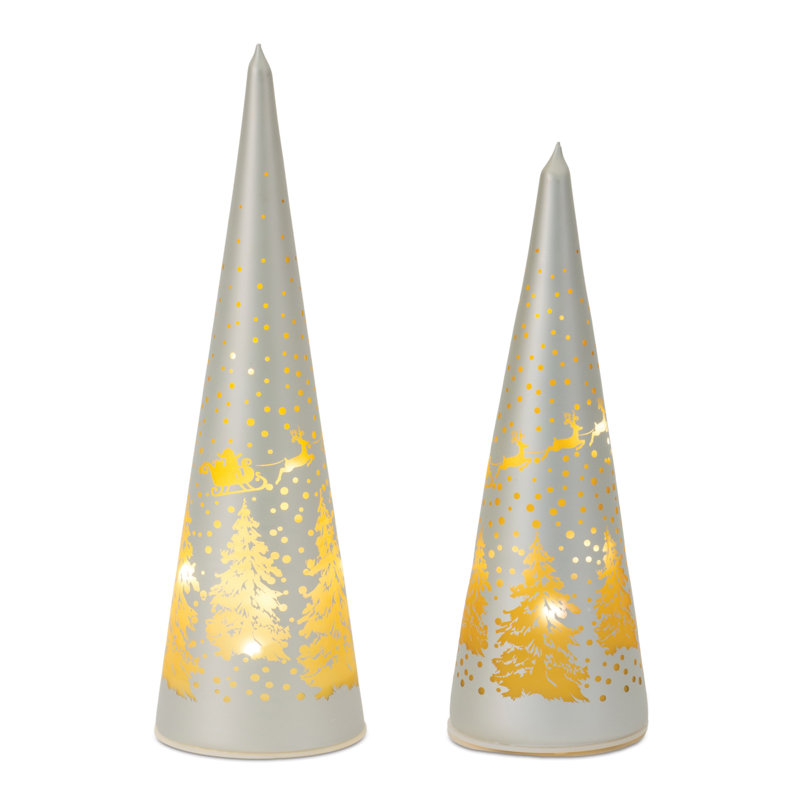 Set of 2 Silver and Gold LED Frosted Glass Trees