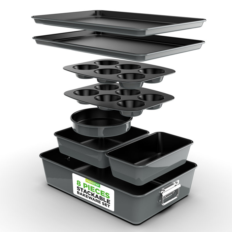Ensemble de 8 plats de cuisson empilables antiadhésifs - Pfoa, Pfos, ensemble de plaques de cuisson sans PTFE avec revêtement antiadhésif, allant au four à 450 ° F, gâteau rond, pain, muffins, moules larges / carrés, plaque à biscuits