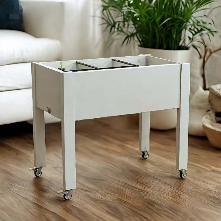 Support à plante moderne en gris et brun clair - jardinière surélevée avec roues pour une utilisation intérieure / extérieure